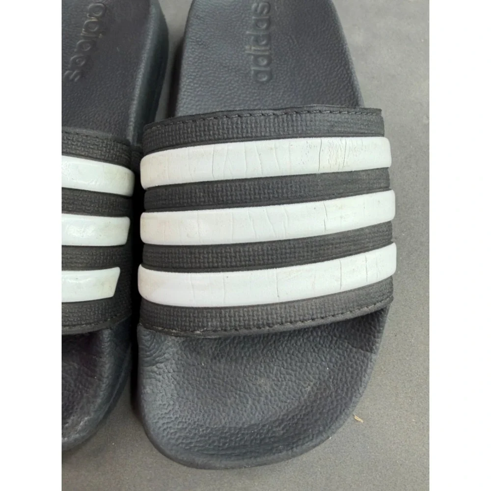Adidas Adilette Kids Slides Black White 3 Stripe Athletic Sandals Size 12